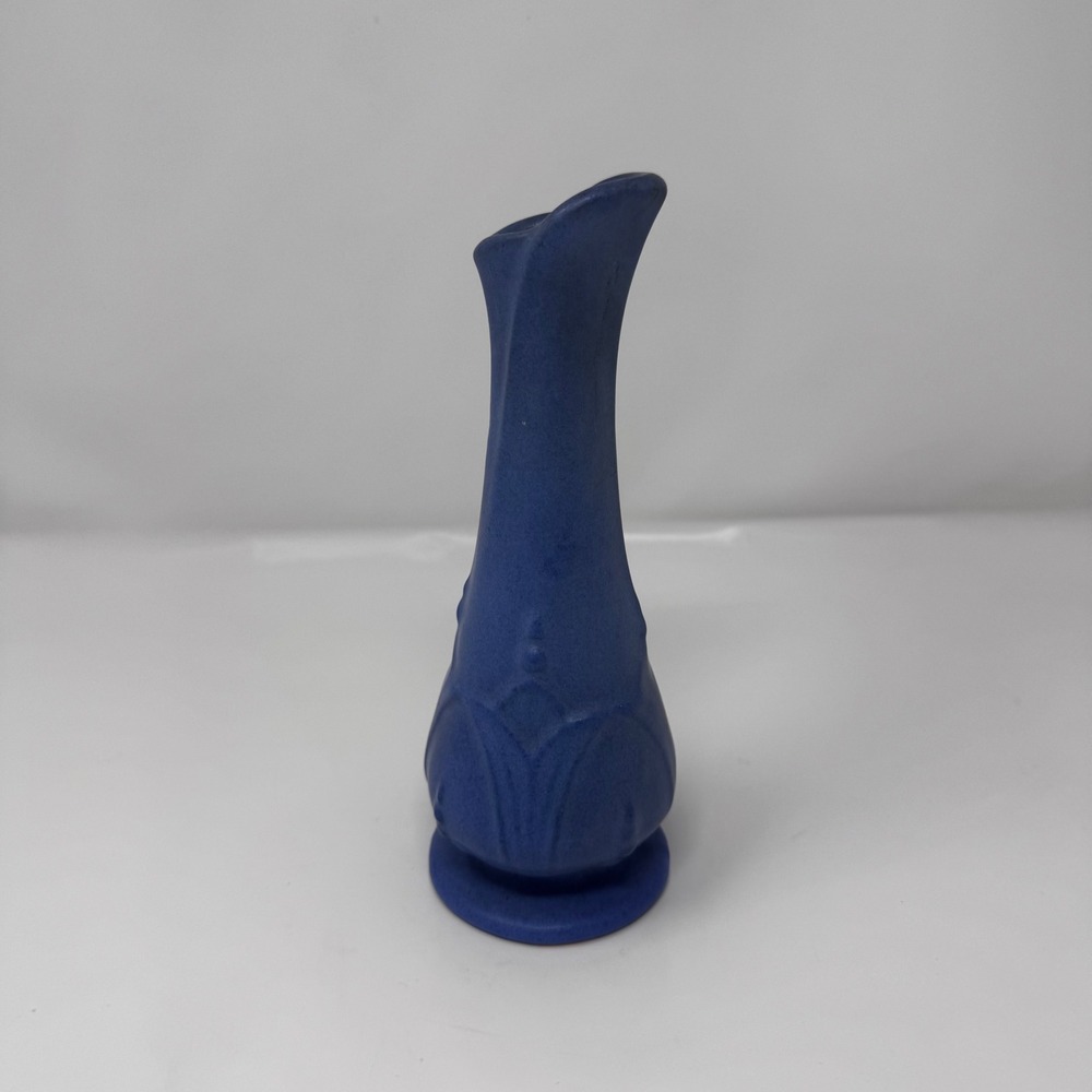 Matte Cobalt Blue Ceramic Bud Vase Art Nouveau Style Embossed Floral 8 Inch - Picture 4 of 8